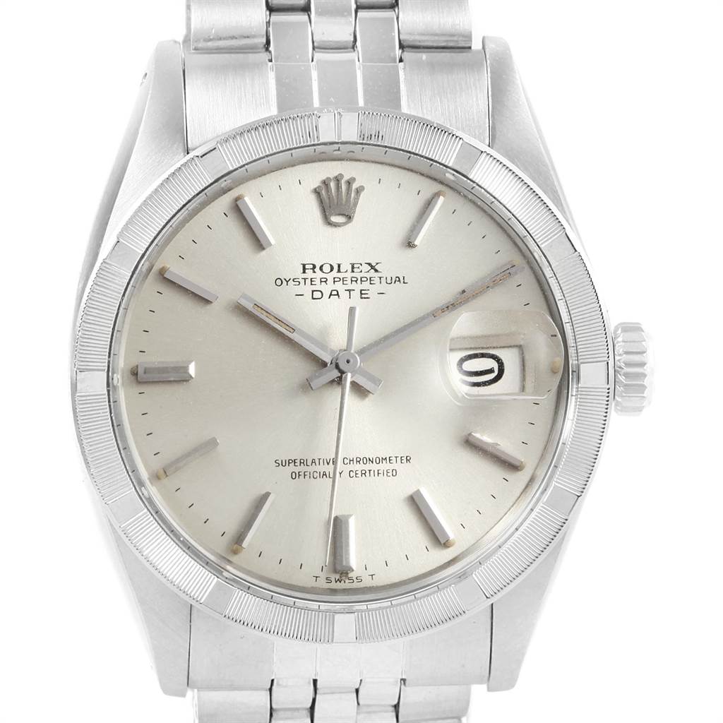 This image shows a front view of the Rolex Vintage Collection 1501 Men's Stainless Steel Silver Dial 1501 Men's Stainless Steel Silver Dial Oyster Perpetual Date watch, highlighting the dial and bracelet.