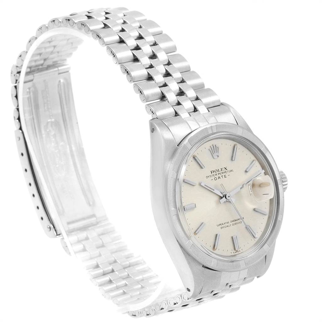 This image shows a side-angle view of the Rolex Vintage Collection 1501 Men's Stainless Steel Silver Dial 1501 Men's Stainless Steel Silver Dial watch, highlighting its face, crown, and bracelet.