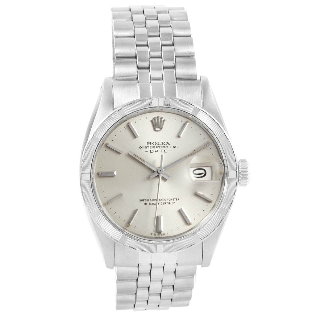 The image shows a front view of a Rolex Vintage Collection 1501 Men's Stainless Steel Silver Dial 1501 Men's Stainless Steel Silver Dial Oyster Perpetual Date watch, displaying its dial, bezel, crown, and bracelet.