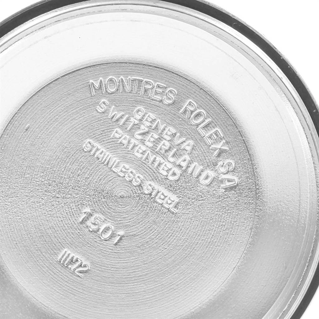 This image shows the engraved inside case back of a Rolex Vintage Collection 1501 Men's Stainless Steel Silver Dial 1501 Men's Stainless Steel Silver Dial watch, model number 1501.