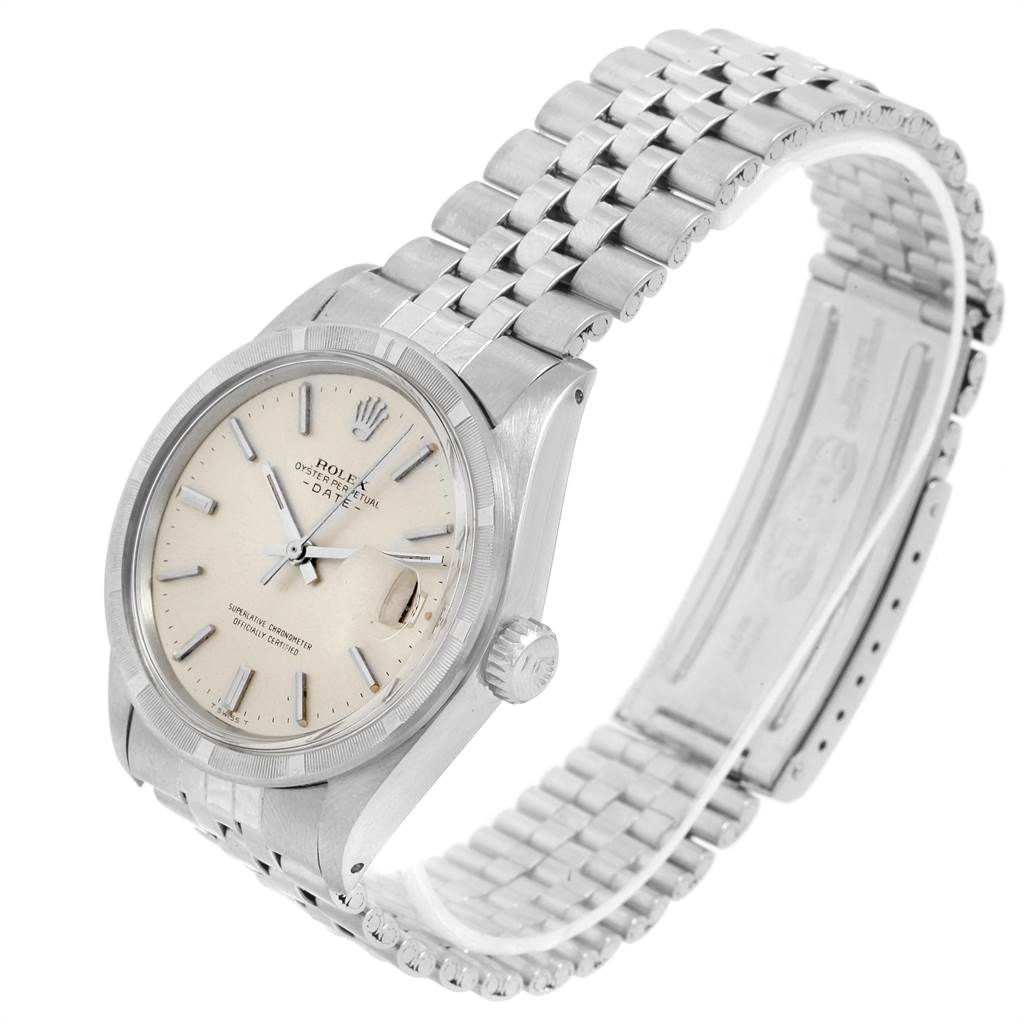This image shows a side angle of a Rolex Vintage Collection 1501 Men's Stainless Steel Silver Dial 1501 Men's Stainless Steel Silver Dial model, highlighting the dial, case, crown, and bracelet.