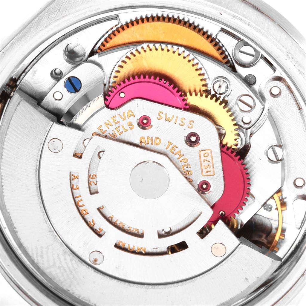 This image shows a close-up of the movement mechanism of the Rolex Vintage Collection 1501 Men's Stainless Steel Silver Dial 1501 Men's Stainless Steel Silver Dial watch.