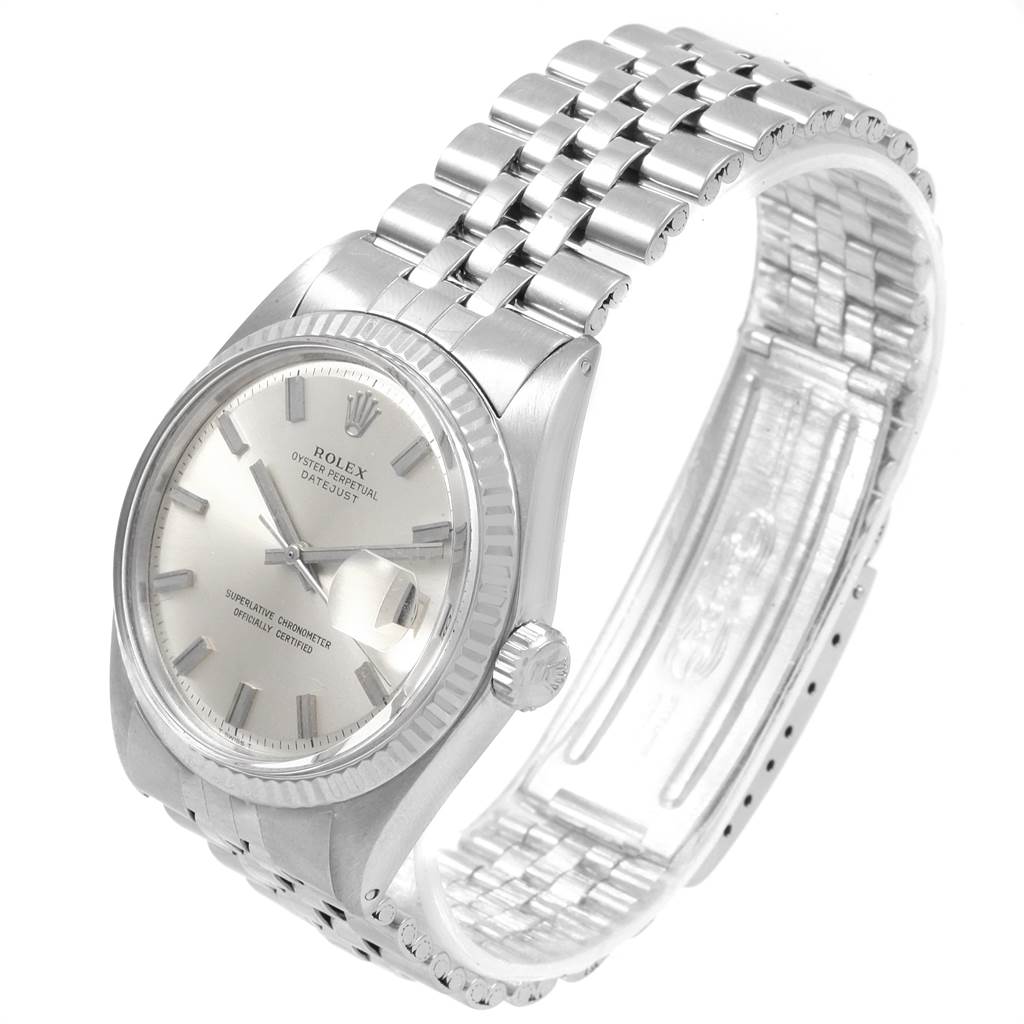 The Rolex Vintage Collection 1601 Men's Stainless Steel Silver Dial 1601 Men's Stainless Steel Silver Dial model is shown from an angled top-down view, displaying the face, bezel, and bracelet.