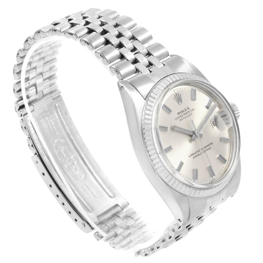 The image shows a Rolex Vintage Collection 1601 Men's Stainless Steel Silver Dial 1601 Men's Stainless Steel Silver Dial watch angled to display its face and metallic bracelet.