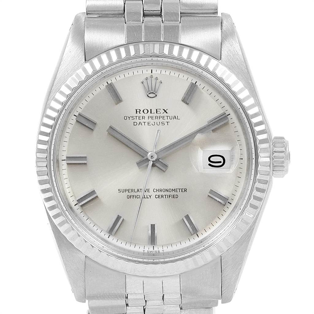 The image shows a front view of the Rolex Vintage Collection 1601 Men's Stainless Steel Silver Dial 1601 Men's Stainless Steel Silver Dial Datejust, highlighting the dial, hands, crown, and bracelet.