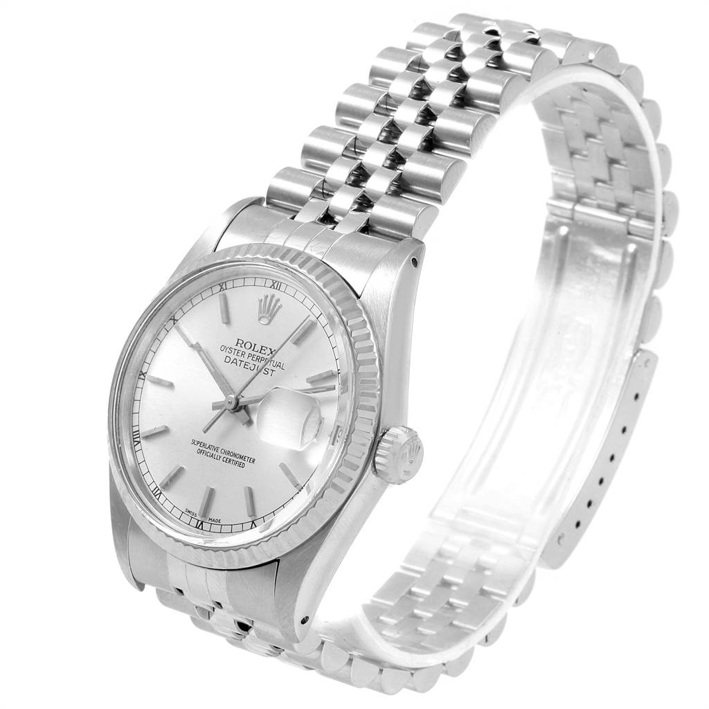 The image shows a Rolex Vintage Collection 16014 Men's Stainless Steel Silver Dial 16014 Men's Stainless Steel Silver Dial wristwatch at a slight side angle, displaying the dial, crown, and bracelet.