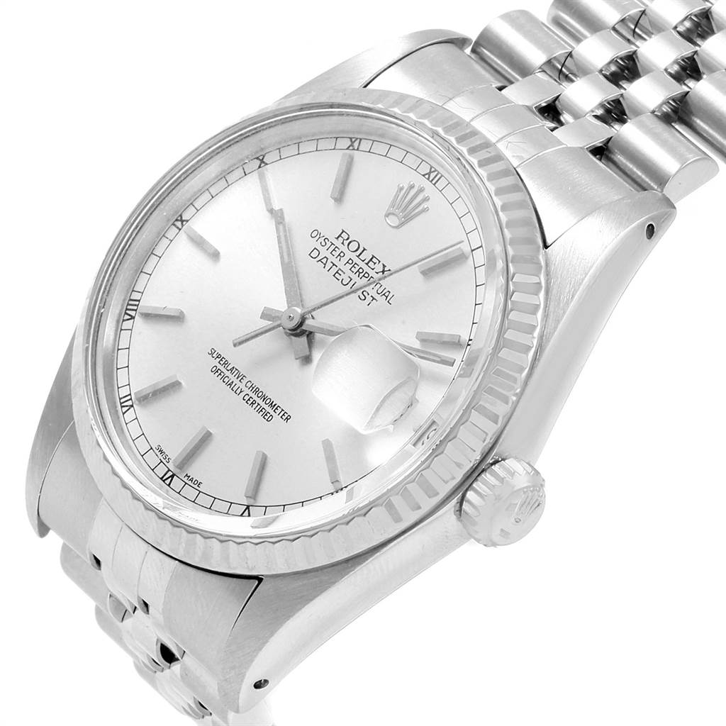 This is a close-up angled view of the Rolex Vintage Collection 16014 Men's Stainless Steel Silver Dial 16014 Men's Stainless Steel Silver Dial Datejust, showing its face, bezel, crown, and bracelet.