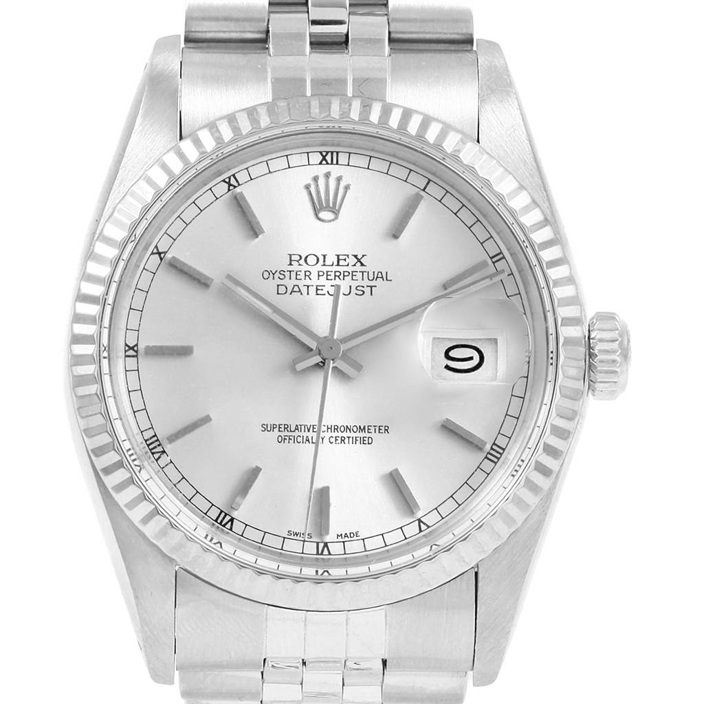 The image shows a frontal view of the Rolex Vintage Collection 16014 Men's Stainless Steel Silver Dial 16014 Men's Stainless Steel Silver Dial Oyster Perpetual Datejust watch, displaying its dial, hands, bezel, and bracelet.