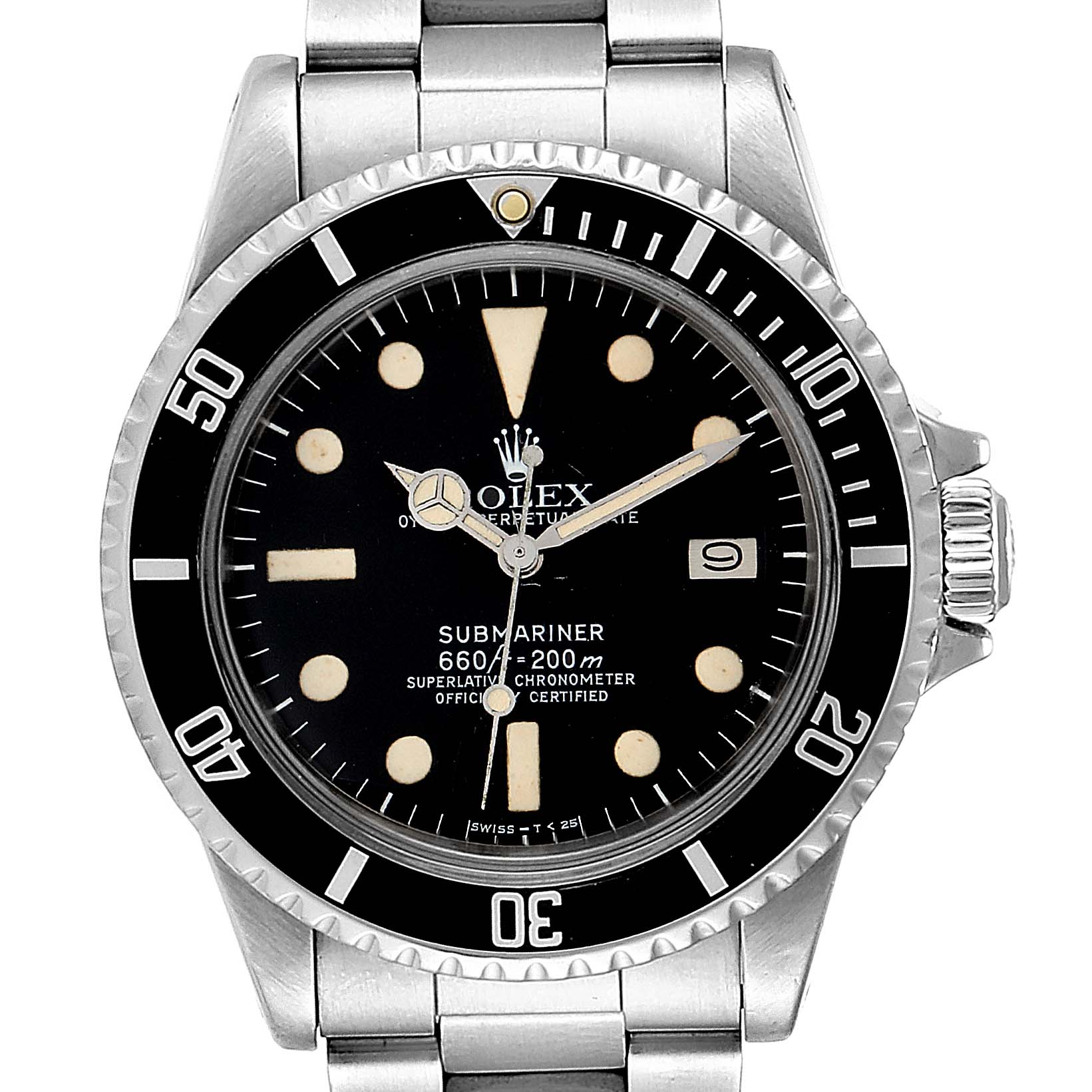 The image shows a front view of the Rolex Vintage Collection 1680 Men's Stainless Steel Black Dial 1680 Men's Stainless Steel Black Dial Submariner watch, displaying its dial, bezel, and stainless steel bracelet.