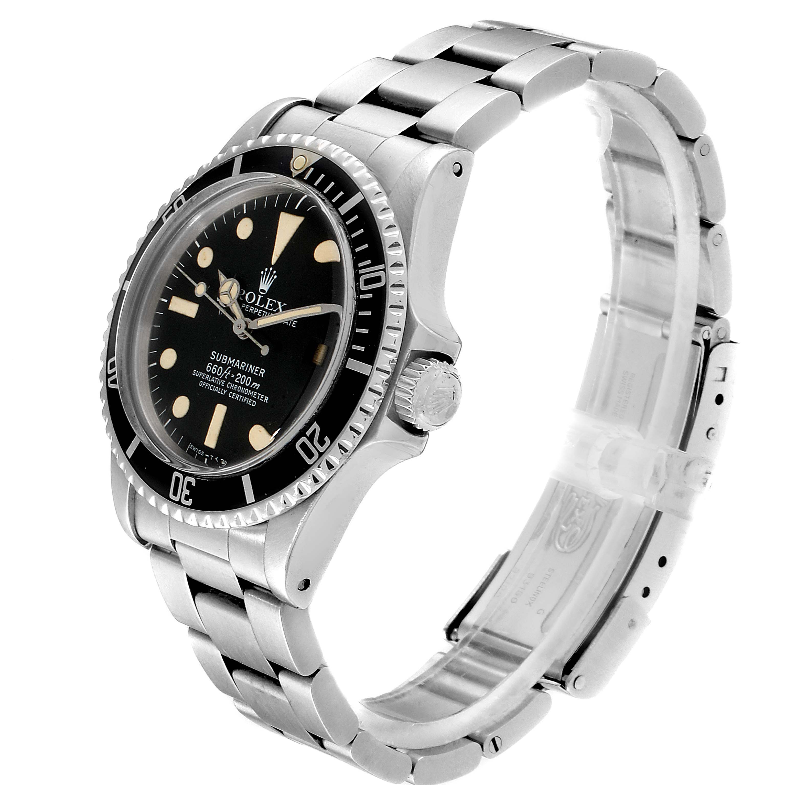 The image shows a side angle view of the Rolex Vintage Collection 1680 Men's Stainless Steel Black Dial 1680 Men's Stainless Steel Black Dial Submariner watch, highlighting the case, bezel, crown, and bracelet.