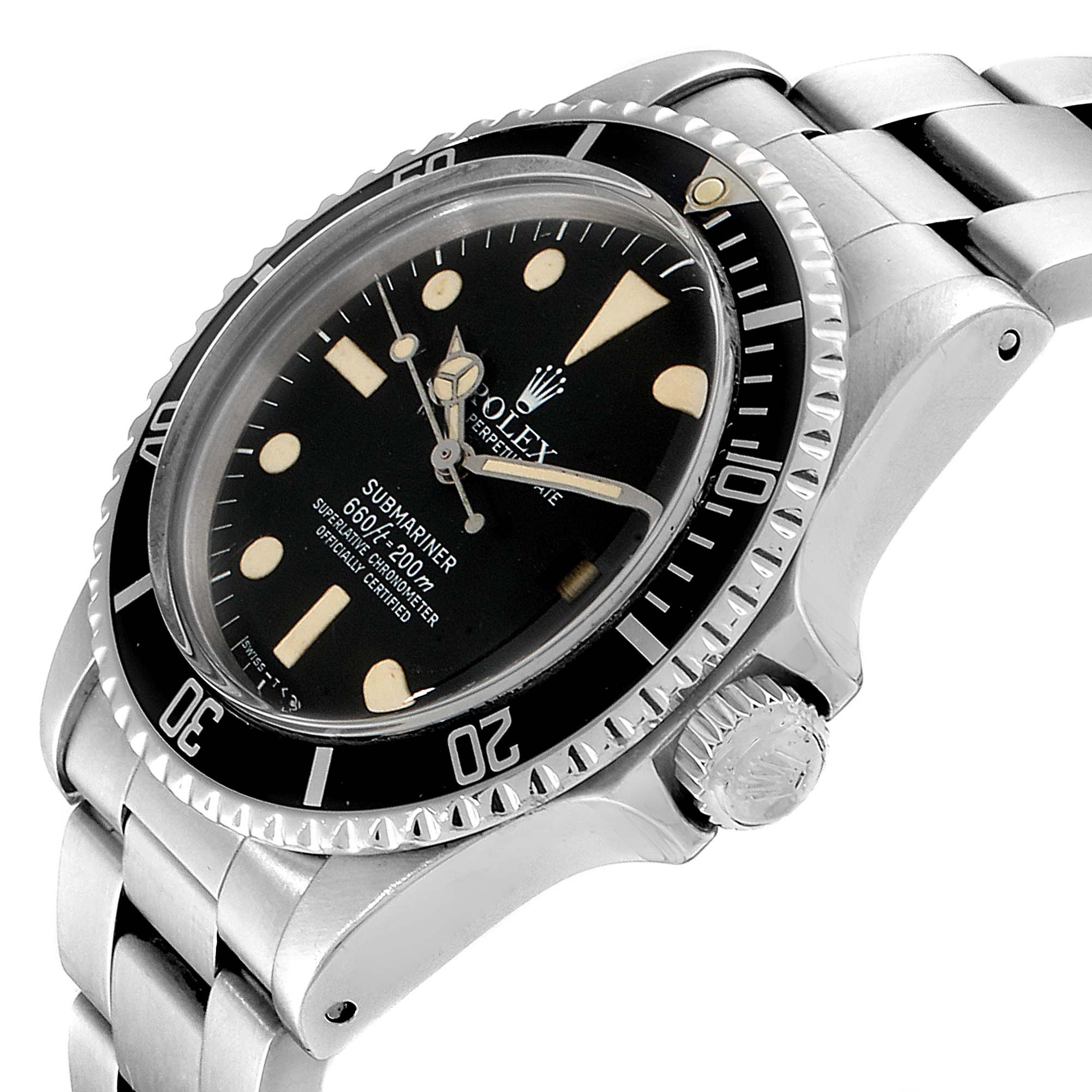The image displays a close-up angled view of the Rolex Vintage Collection 1680 Men's Stainless Steel Black Dial 1680 Men's Stainless Steel Black Dial Submariner watch showing the dial, bezel, and part of the bracelet.