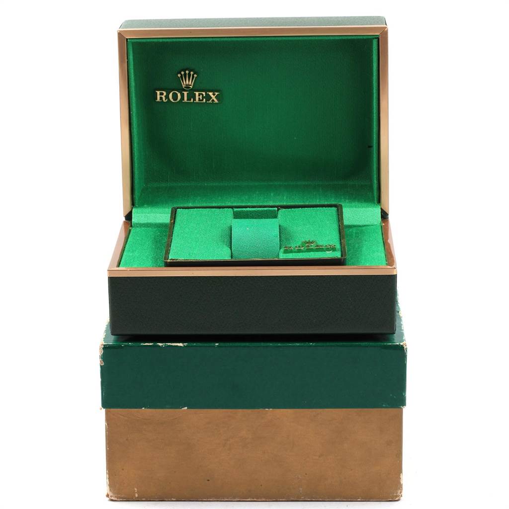 The image shows an open Rolex Vintage Collection 1680 Men's Stainless Steel Black Dial 1680 Men's Stainless Steel Black Dial watch box with green interior and outer packaging.