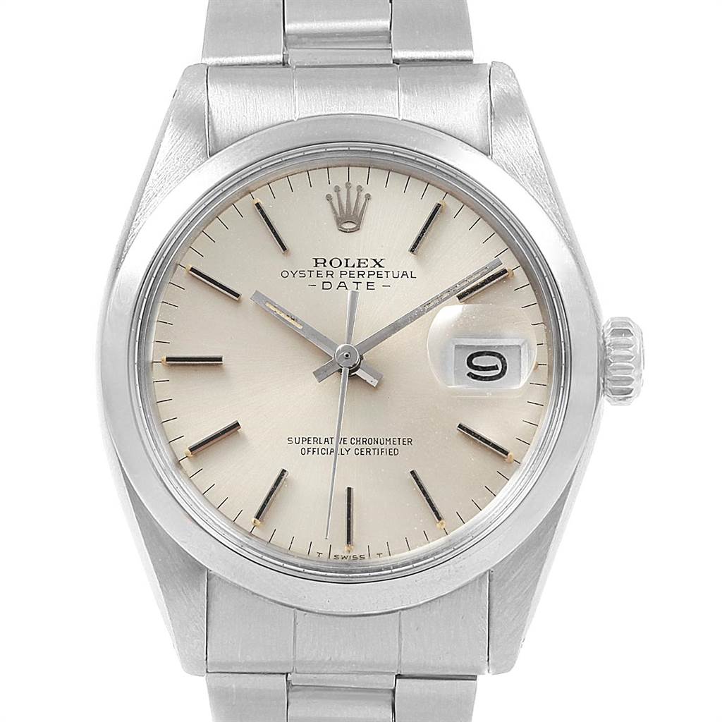 This image shows a close-up, front view of the Rolex Vintage Collection 1500 Men
s Stainless Steel Silver Dial 1500 Men
s Stainless Steel Silver Dial Oyster Perpetual Date watch, displaying the dial and bracelet.
