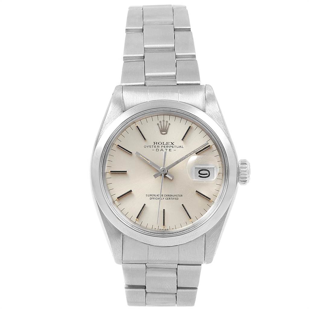 This image shows a front view of the Rolex Vintage Collection 1500 Men
s Stainless Steel Silver Dial 1500 Men
s Stainless Steel Silver Dial Oyster Perpetual Date, highlighting the dial, hands, date window, and bracelet.