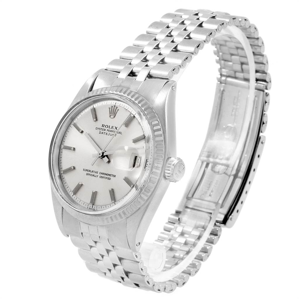 The image shows a Rolex Vintage Collection 1601 Men's Stainless Steel Silver Dial 1601 Men's Stainless Steel Silver Dial model's stainless steel watch at an angled view, displaying face, dial, bezel, crown, and bracelet.