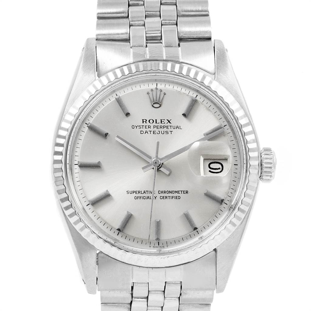 The Rolex Vintage Collection 1601 Men's Stainless Steel Silver Dial 1601 Men's Stainless Steel Silver Dial model is shown from a front angle, displaying the watch face, bezel, bracelet, and crown.