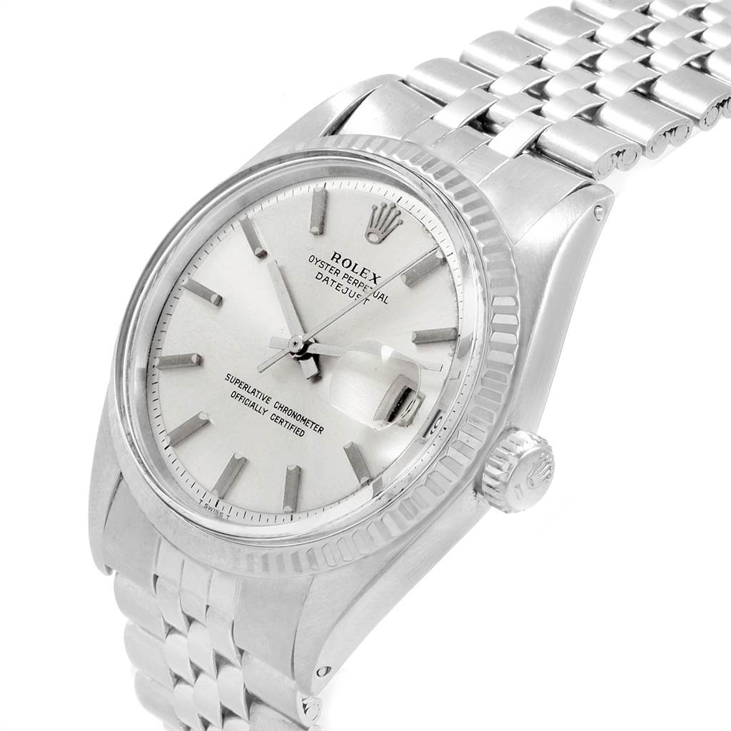 The image shows a Vintage Collection Rolex Oyster Perpetual Datejust watch at an angled view focusing on the face, bezel, and bracelet.