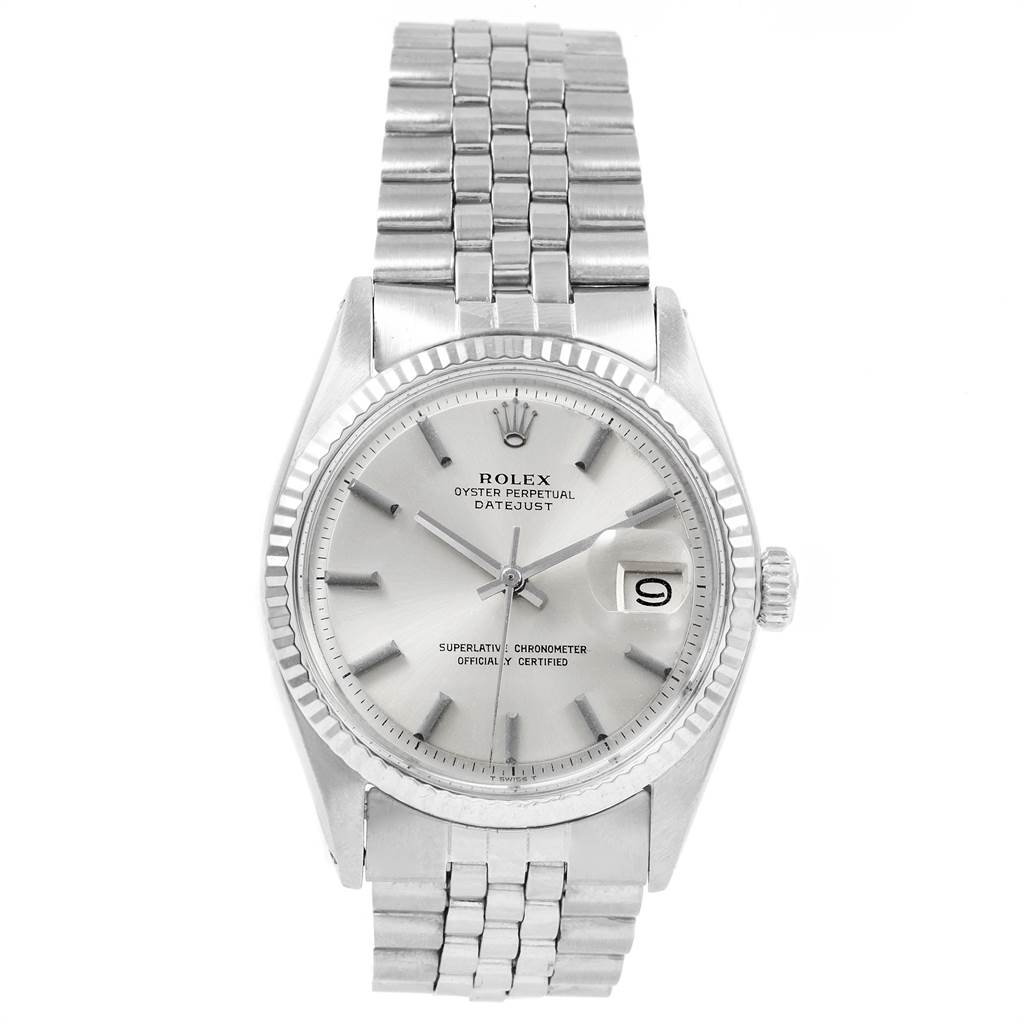 The image shows a front view of the Rolex Vintage Collection 1601 Men's Stainless Steel Silver Dial 1601 Men's Stainless Steel Silver Dial watch, displaying the face, bezel, crown, and bracelet.