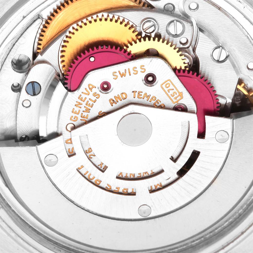 Close-up of the internal movement mechanisms of the Rolex Vintage Collection 1601 Men's Stainless Steel Silver Dial 1601 Men's Stainless Steel Silver Dial model watch, showcasing gears and components.
