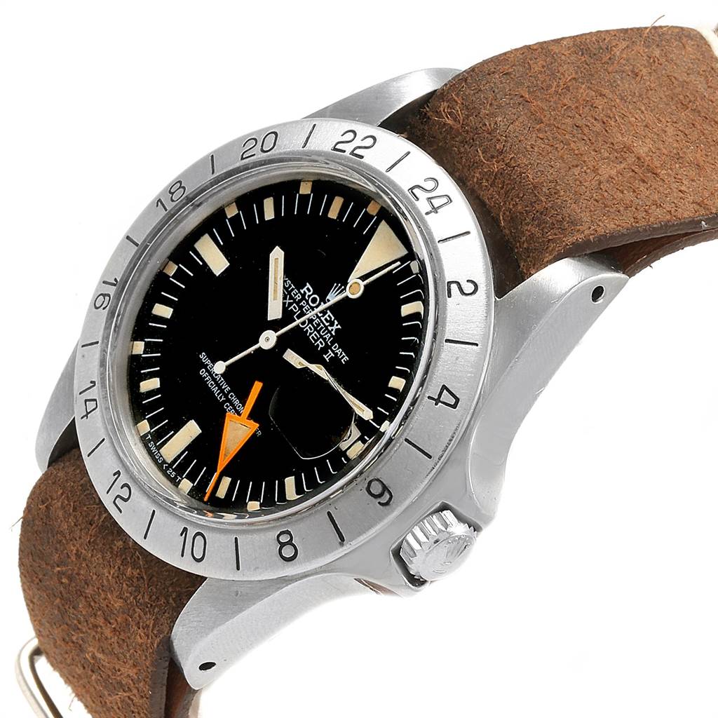 The image shows a Rolex Vintage Collection 1655 Men's Stainless Steel Black Dial 1655 Men's Stainless Steel Black Dial watch at an oblique angle, featuring the dial, bezel, crown, and brown leather strap.