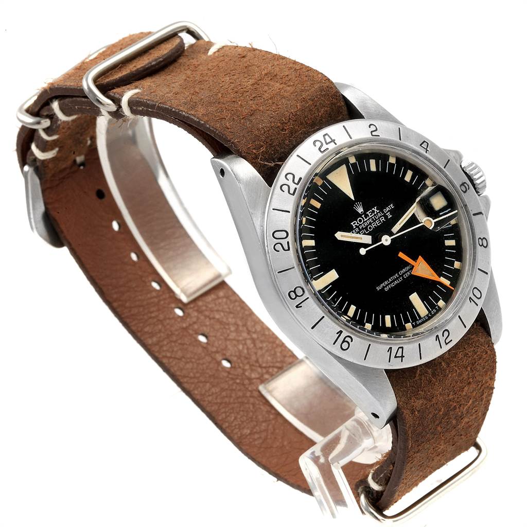 The Rolex Vintage Collection 1655 Men's Stainless Steel Black Dial 1655 Men's Stainless Steel Black Dial watch is shown at an angle highlighting the face, bezel, and brown leather strap.