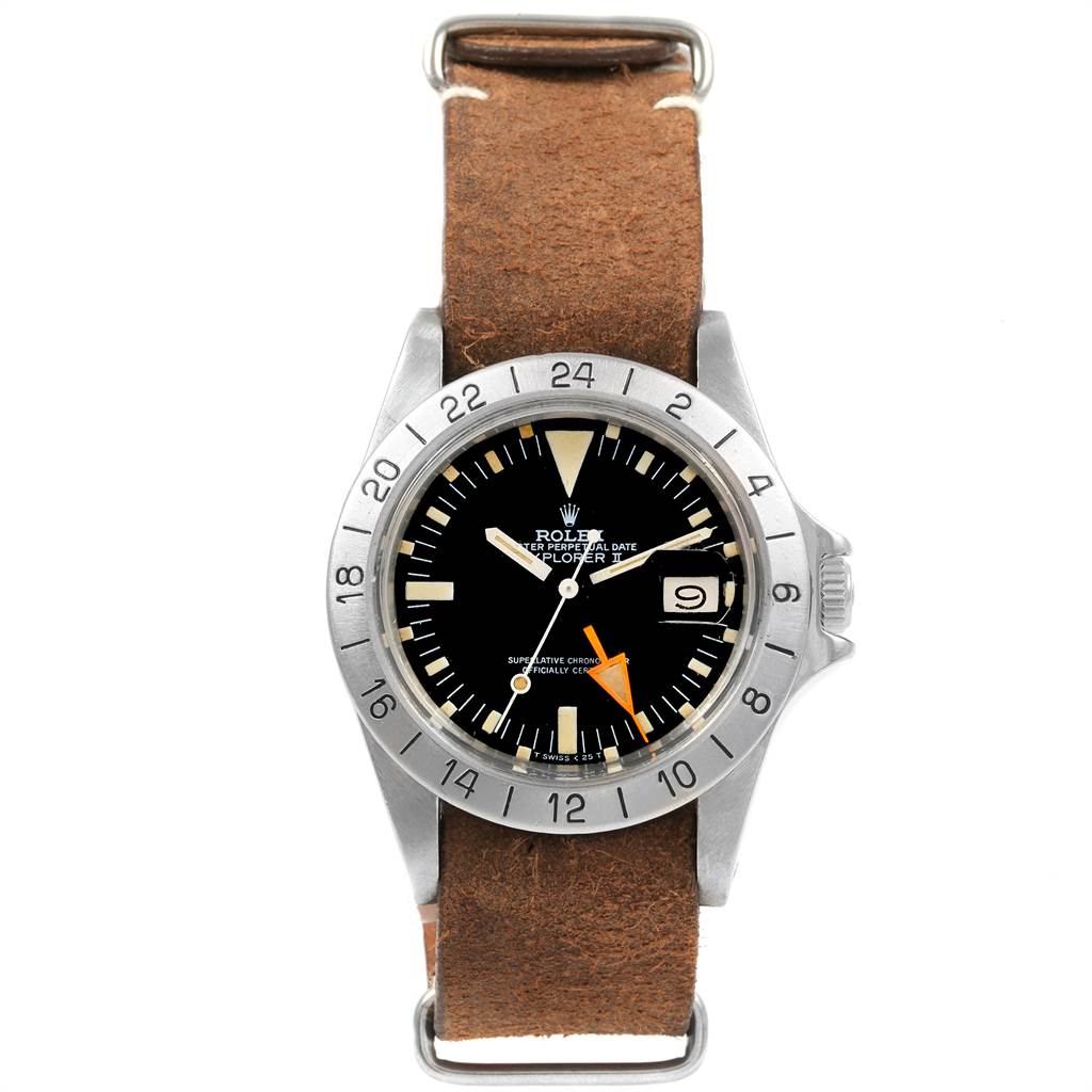 This Rolex Vintage Collection 1655 Men's Stainless Steel Black Dial 1655 Men's Stainless Steel Black Dial watch is shown from a front angle, highlighting its dial, bezel, and leather strap.