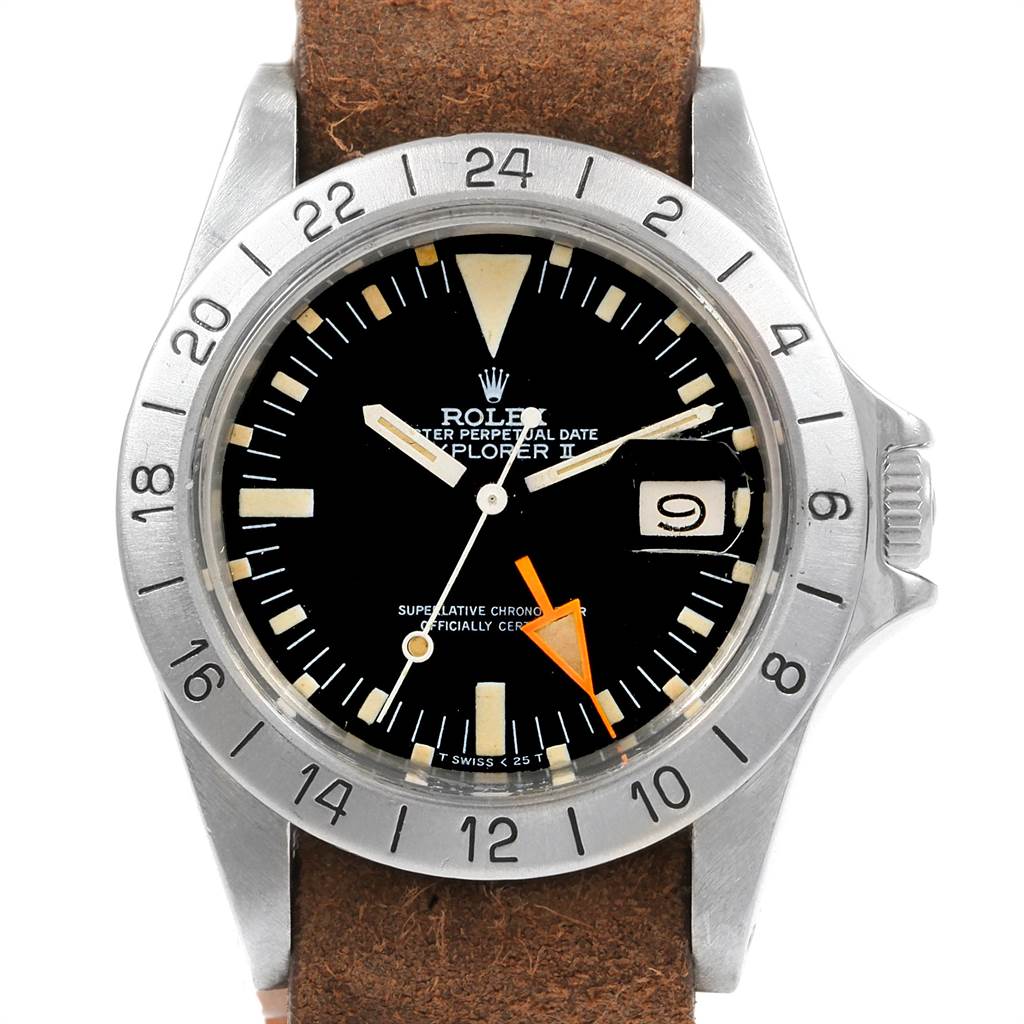 The image shows a front view of the Rolex Vintage Collection 1655 Men's Stainless Steel Black Dial 1655 Men's Stainless Steel Black Dial Explorer watch, highlighting the dial and bezel.