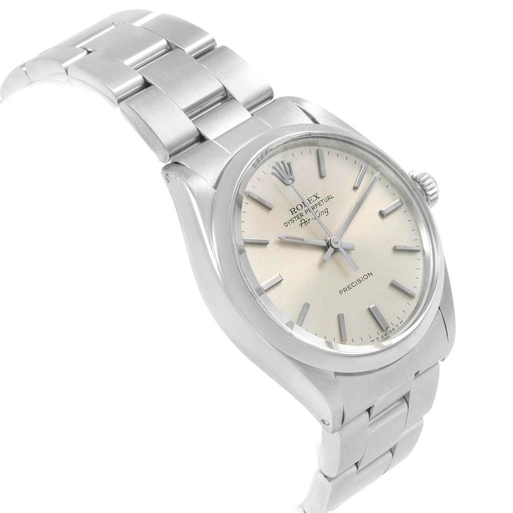 The image shows a Rolex Vintage Collection 5500 Men
s Stainless Steel Silver Dial 5500 Men
s Stainless Steel Silver Dial watch at a slight left-side angle, highlighting the face, bezel, crown, and metal bracelet.