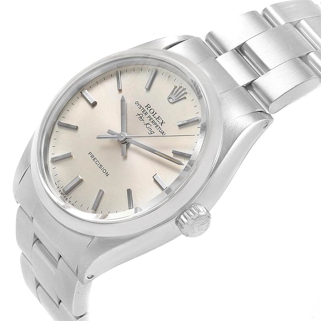 The image shows a Vintage Collection Rolex Oyster Perpetual Air-King watch, highlighting the face, case, crown, and bracelet at an angled view.