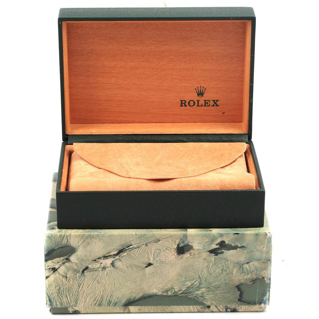 The image shows an open Rolex Vintage Collection 5500 Men
s Stainless Steel Silver Dial 5500 Men
s Stainless Steel Silver Dial watch box and cushion, viewed from the front.