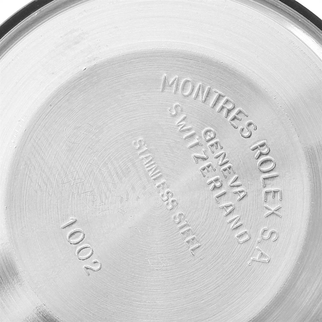 The image shows the stainless steel case back of the Rolex Vintage Collection 5500 Men
s Stainless Steel Silver Dial 5500 Men
s Stainless Steel Silver Dial watch with engraved specifications.