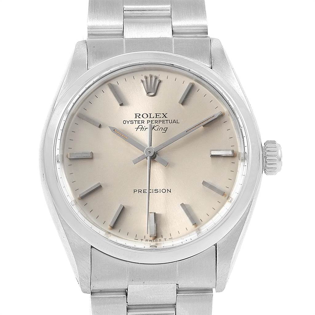 The image shows a front view of a Rolex Vintage Collection 5500 Men
s Stainless Steel Silver Dial 5500 Men
s Stainless Steel Silver Dial Oyster Perpetual Air-King watch, highlighting its dial and bracelet.