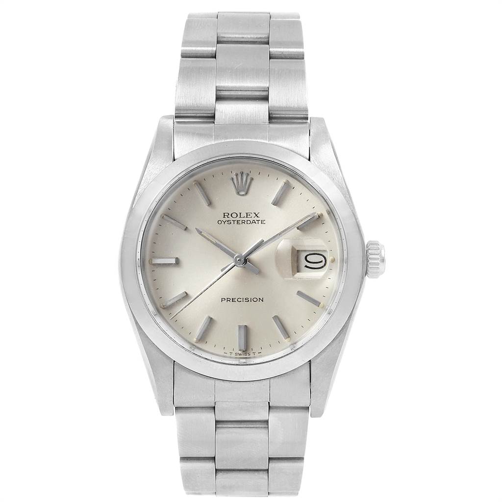 The image shows a front view of a Vintage Collection Rolex Oysterdate Precision watch, displaying the dial, case, and stainless steel bracelet.