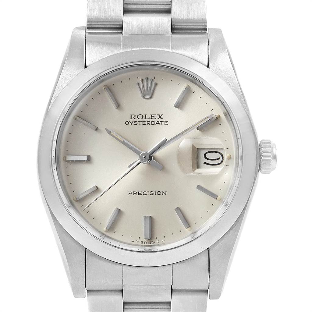The image shows a front view of the Rolex Vintage Collection 6694 Men
s Stainless Steel Silver Dial 6694 Men
s Stainless Steel Silver Dial model, displaying its dial, markers, hands, crown, and bracelet.