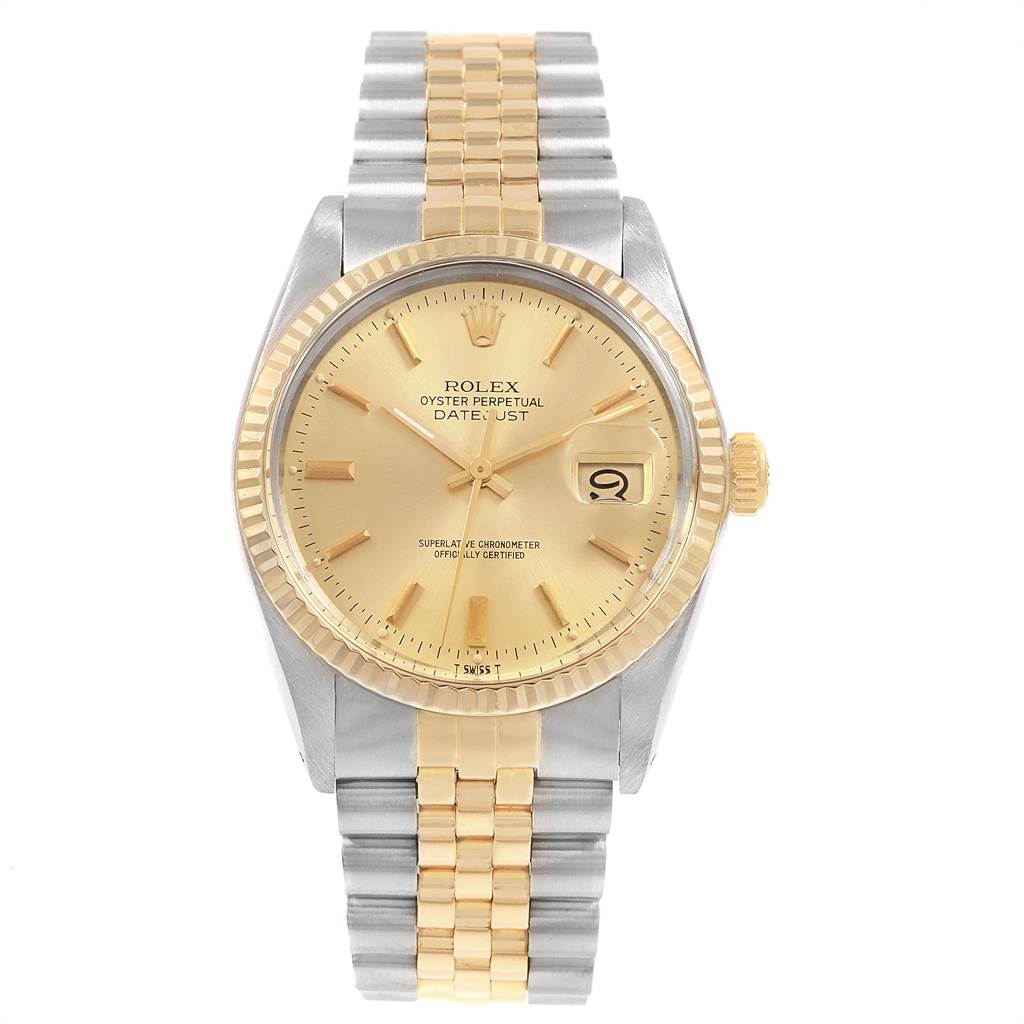 This image shows a front view of a Vintage Collection Rolex Datejust watch with a two-tone bracelet and a yellow gold dial.