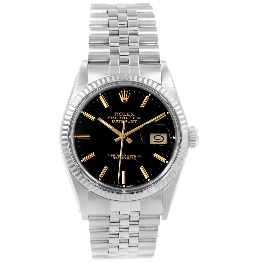 This image shows a front view of a Rolex Vintage Collection 16014 Men's Stainless Steel Black Dial 16014 Men's Stainless Steel Black Dial Oyster Perpetual Datejust watch, displaying the bracelet, dial, hands, and date window.