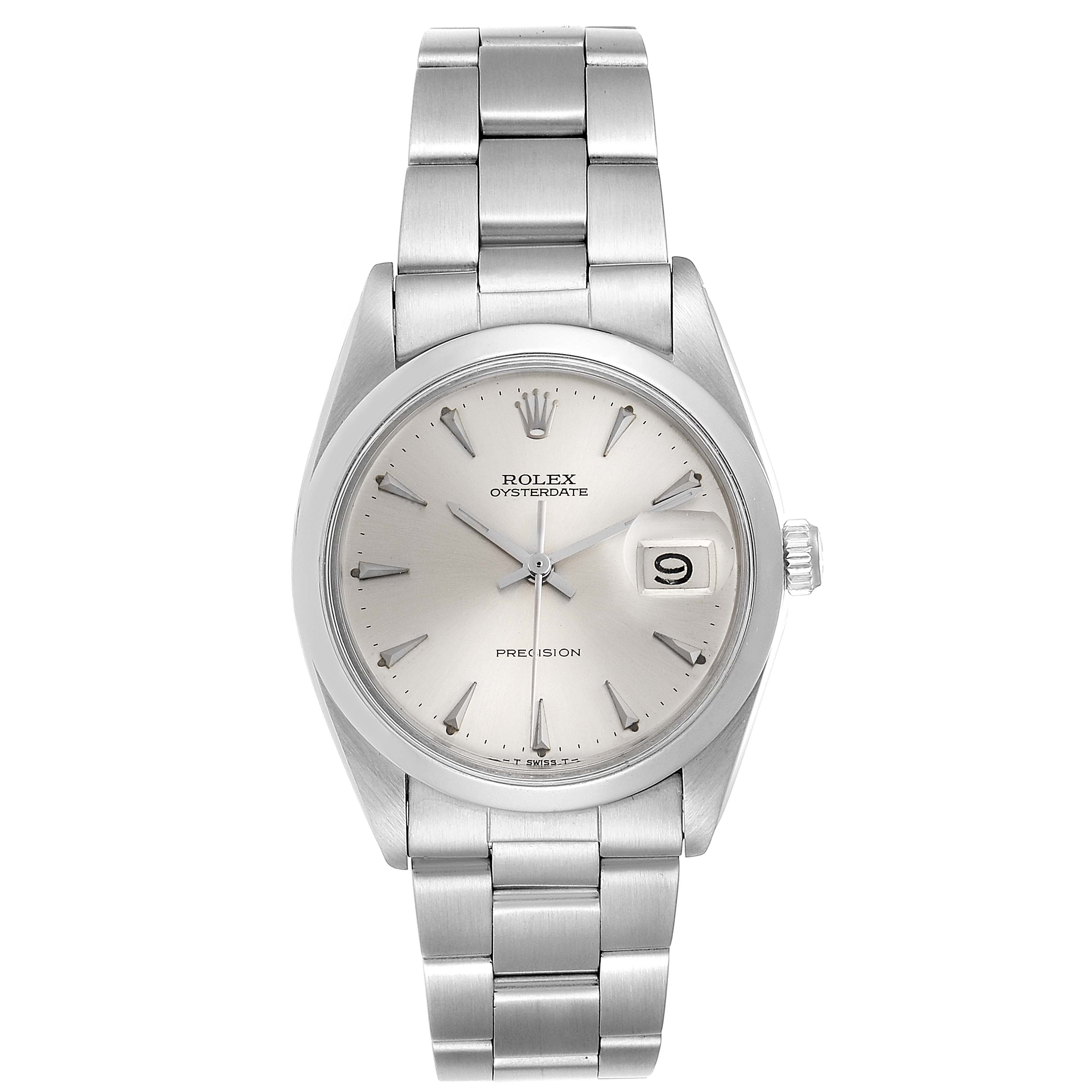 This image shows a front view of the Rolex Vintage Collection 6694 Men
s Stainless Steel Silver Dial 6694 Men
s Stainless Steel Silver Dial Oysterdate watch, featuring its dial, bracelet, and crown.