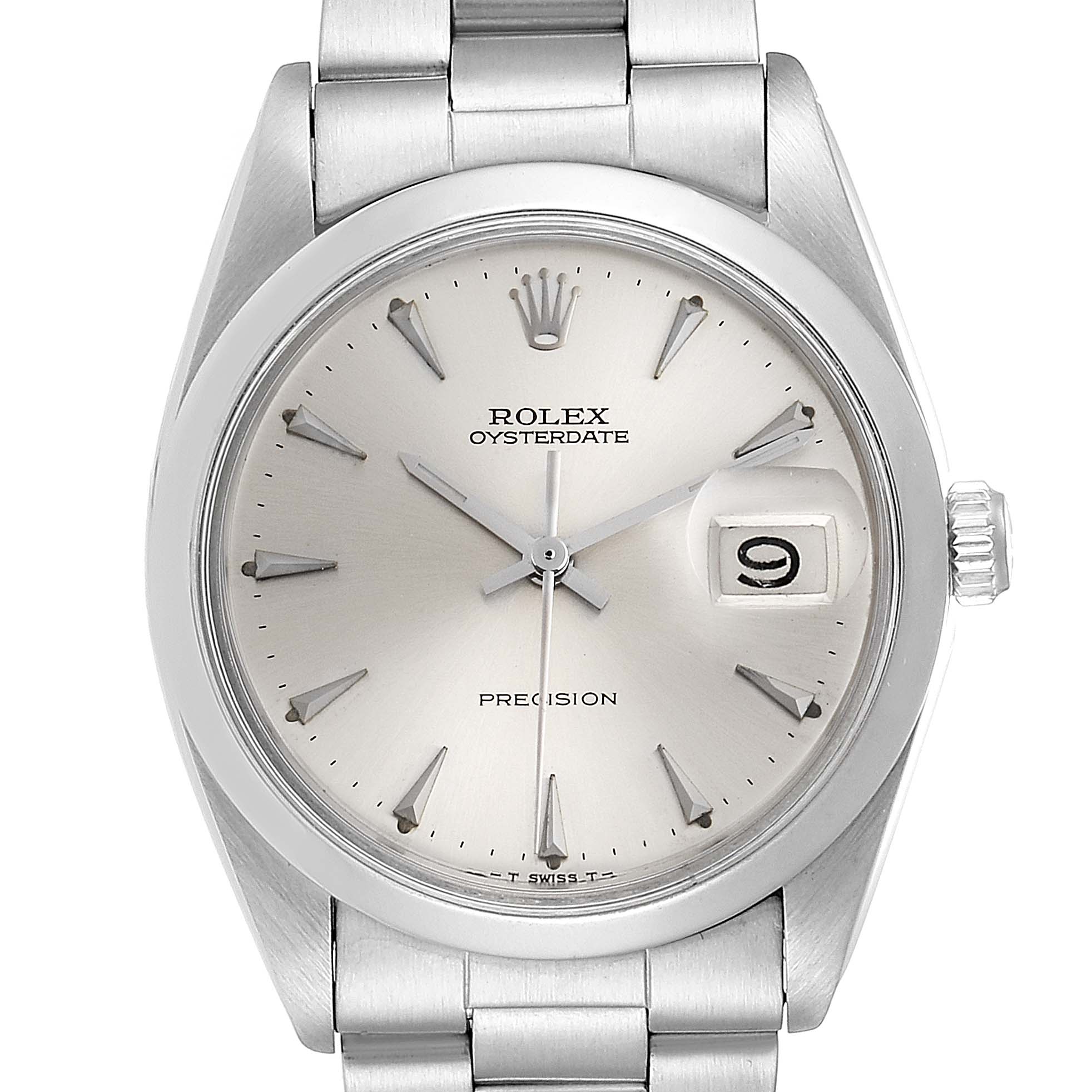 The image shows a frontal view of the Rolex Vintage Collection 6694 Men
s Stainless Steel Silver Dial 6694 Men
s Stainless Steel Silver Dial Oysterdate watch, highlighting the dial, hands, crown, and bracelet.