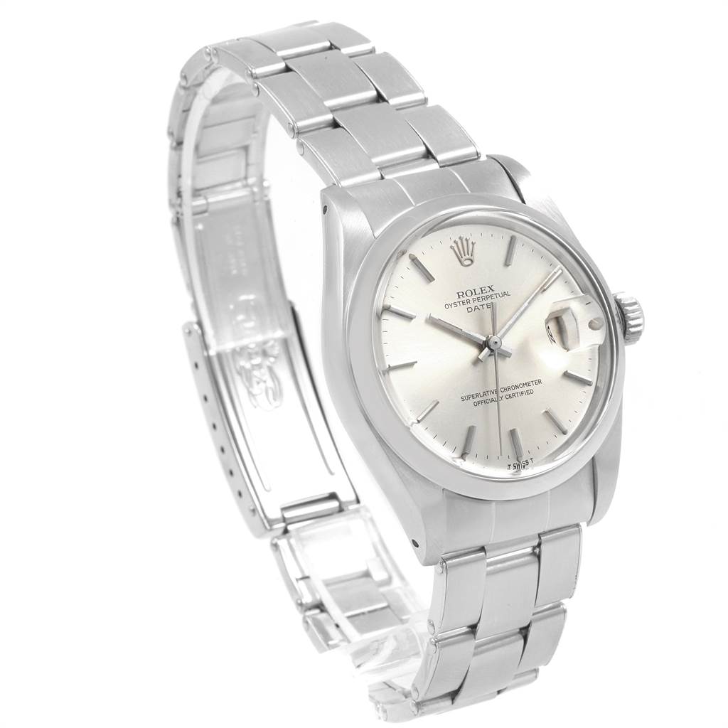 The image shows a Rolex Vintage Collection 1500 Men
s Stainless Steel Silver Dial 1500 Men
s Stainless Steel Silver Dial Oyster Perpetual Date watch at a slight left-side angle, highlighting its face, bezel, and bracelet.