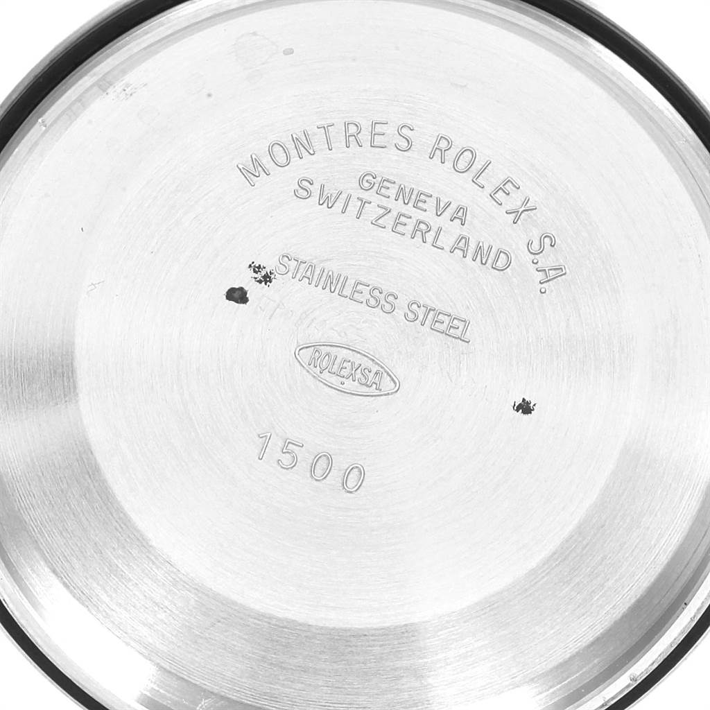 This image shows the stainless steel case back of a Rolex Vintage Collection 1500 Men
s Stainless Steel Silver Dial 1500 Men
s Stainless Steel Silver Dial watch, model 1500.
