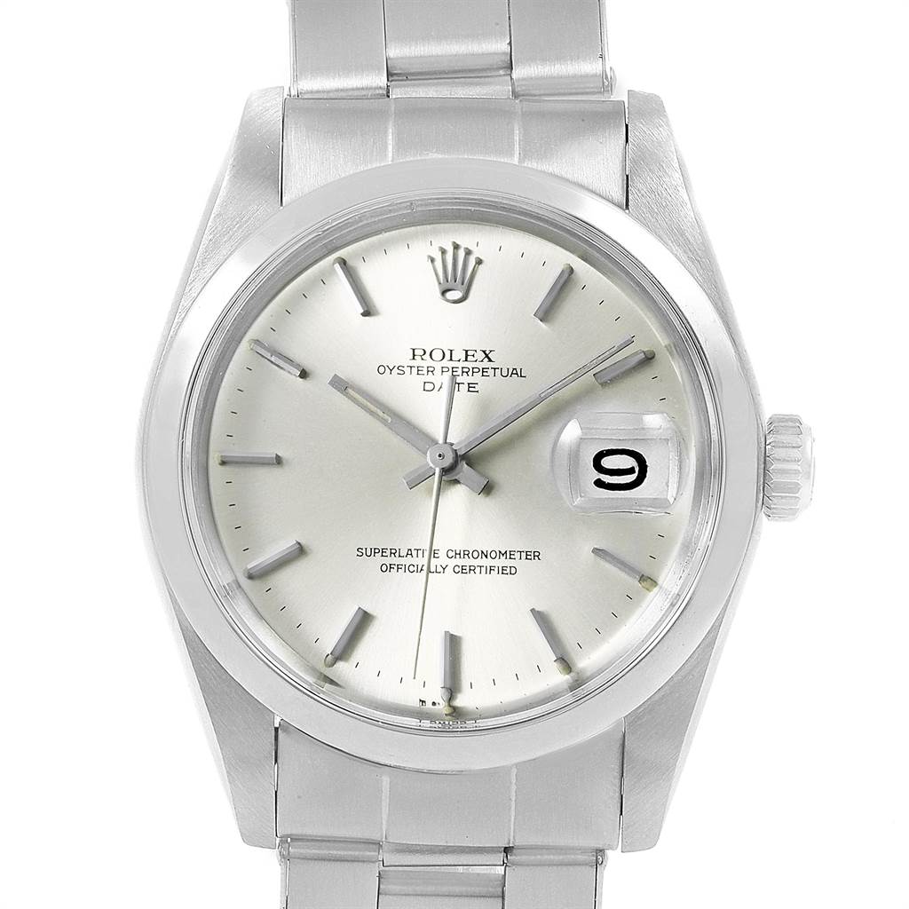 The Rolex Vintage Collection 1500 Men
s Stainless Steel Silver Dial 1500 Men
s Stainless Steel Silver Dial model watch is shown from a front angle, displaying the face, dial, date, and part of the bracelet.