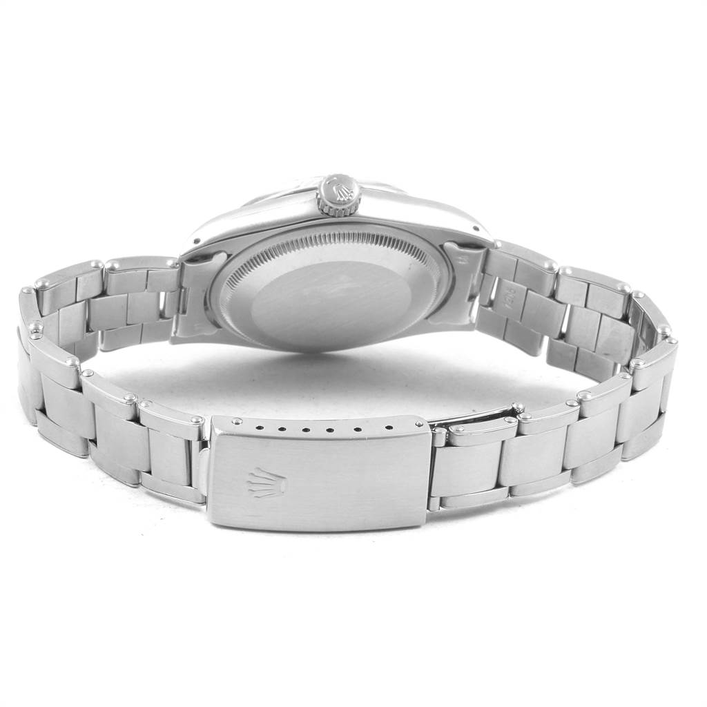 This image shows the back view of the Rolex Vintage Collection 1500 Men
s Stainless Steel Silver Dial 1500 Men
s Stainless Steel Silver Dial watch, highlighting the case back, crown, and bracelet clasp.