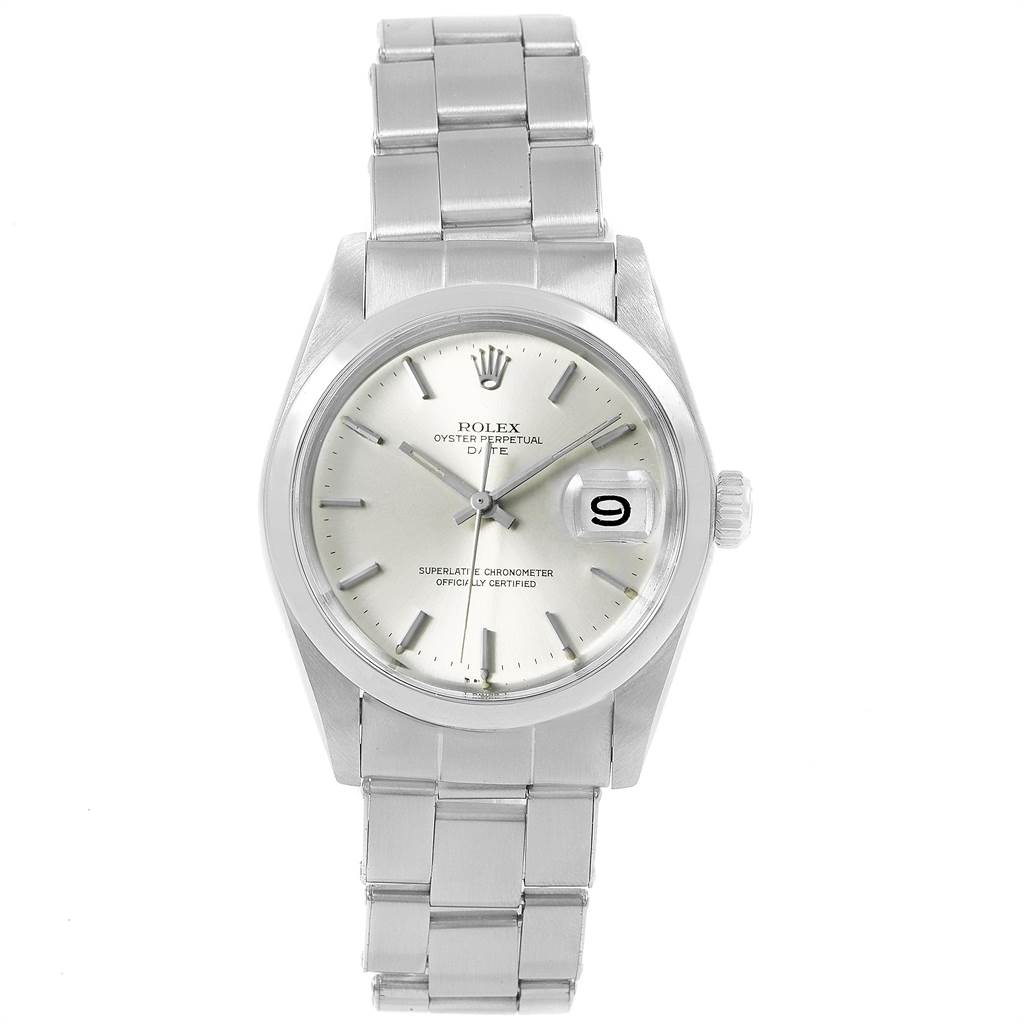 The image shows a front view of the Rolex Vintage Collection 1500 Men
s Stainless Steel Silver Dial 1500 Men
s Stainless Steel Silver Dial Oyster Perpetual Date watch, displaying the face, hour markers, and bracelet.