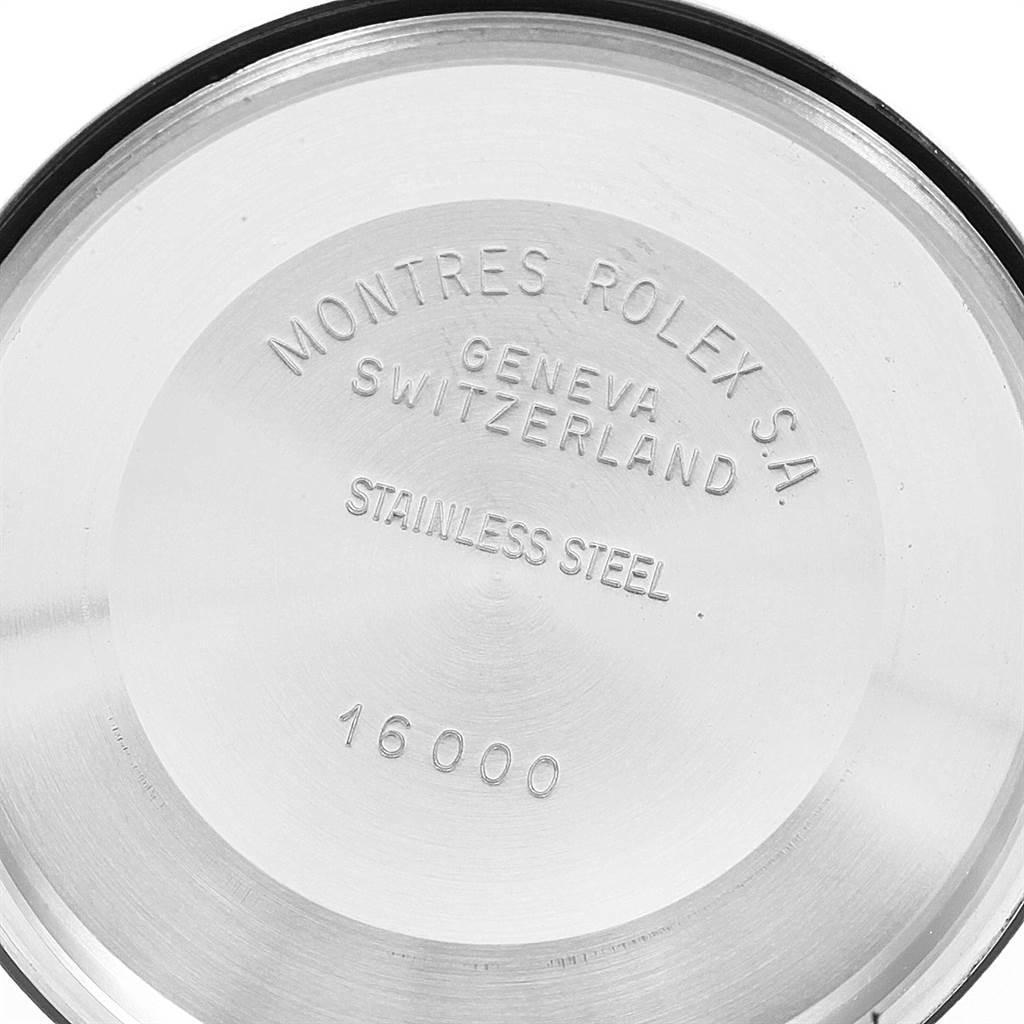 The image shows the back cover of a Rolex Vintage Collection 16030 Men
s Stainless Steel Silver Dial 16030 Men
s Stainless Steel Silver Dial watch, with the model number 16000 engraved.