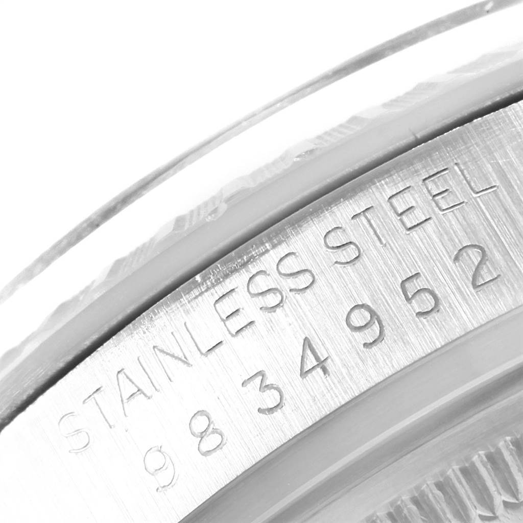 This close-up angle of the Rolex Vintage Collection 16030 Men
s Stainless Steel Silver Dial 16030 Men
s Stainless Steel Silver Dial model shows the "STAINLESS STEEL 834952" engraving on the watch case.