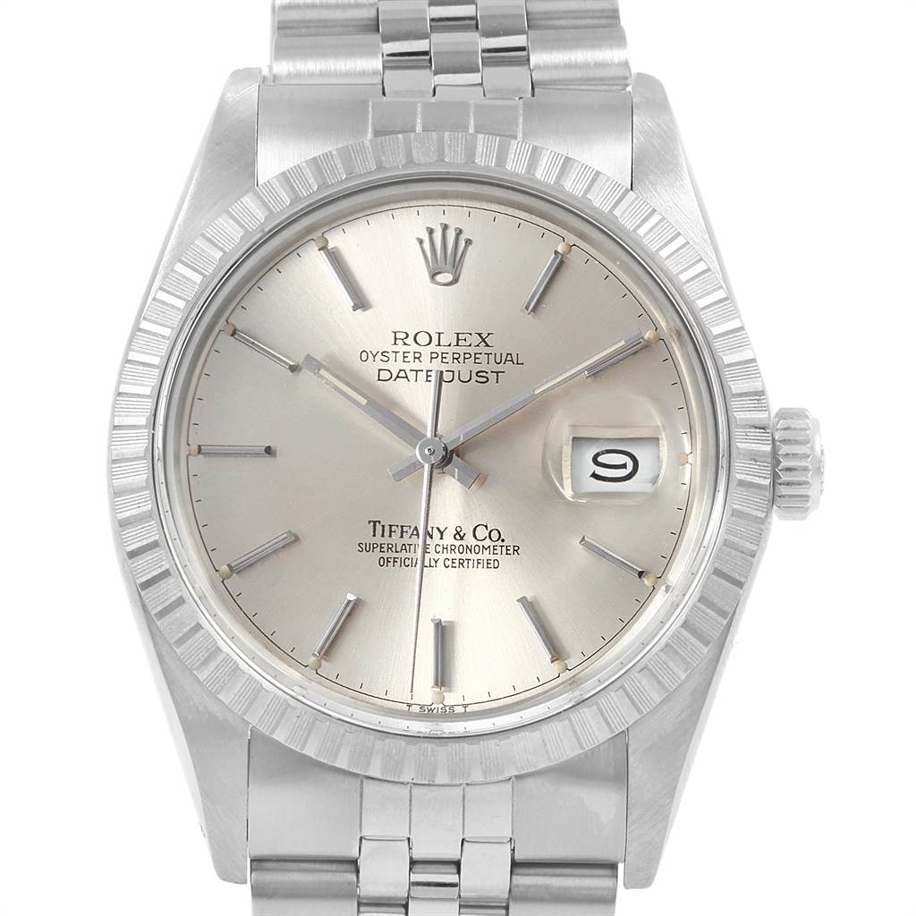 The image shows a front view of the Rolex Vintage Collection 16030 Men
s Stainless Steel Silver Dial 16030 Men
s Stainless Steel Silver Dial Datejust watch, highlighting its dial, bezel, and part of the bracelet.