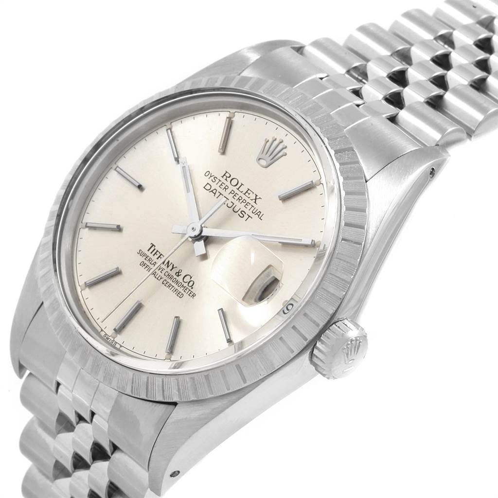 The image shows a close-up, angled view of the Rolex Vintage Collection 16030 Men
s Stainless Steel Silver Dial 16030 Men
s Stainless Steel Silver Dial Datejust, featuring the dial, bezel, crown, and part of the bracelet.