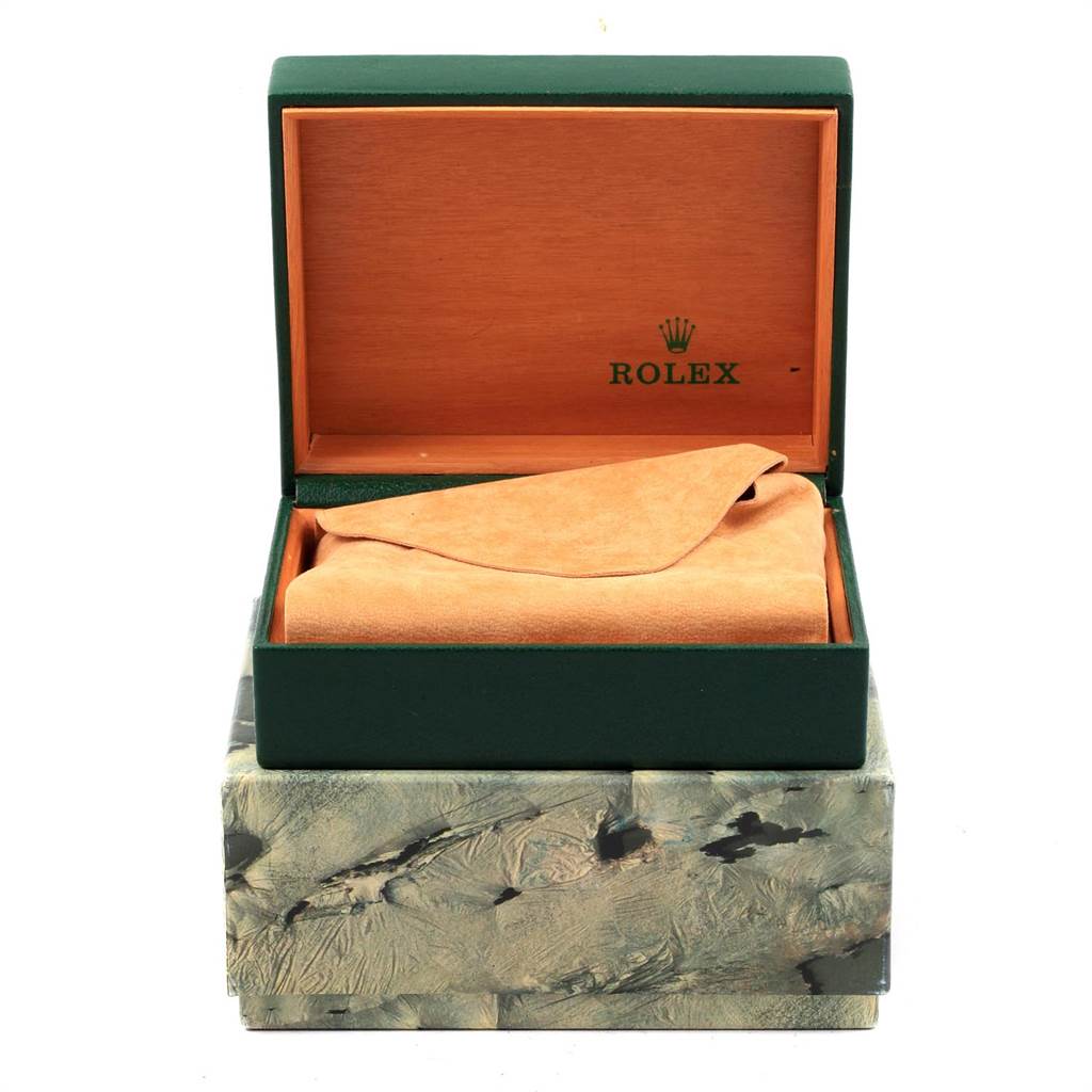 This image shows an open box for a Rolex Vintage Collection 16030 Men
s Stainless Steel Silver Dial 16030 Men
s Stainless Steel Silver Dial watch, with the box
s interior and watch cushion visible.