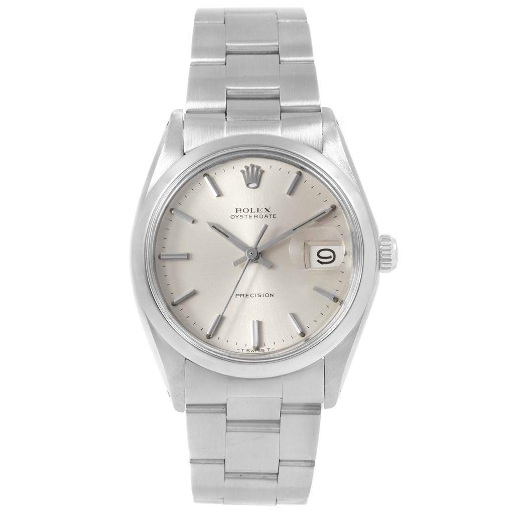 The Rolex Vintage Collection 6694 Men
s Stainless Steel Silver Dial 6694 Men
s Stainless Steel Silver Dial model watch is shown from a front angle, displaying its silver dial, case, bracelet, and date function.