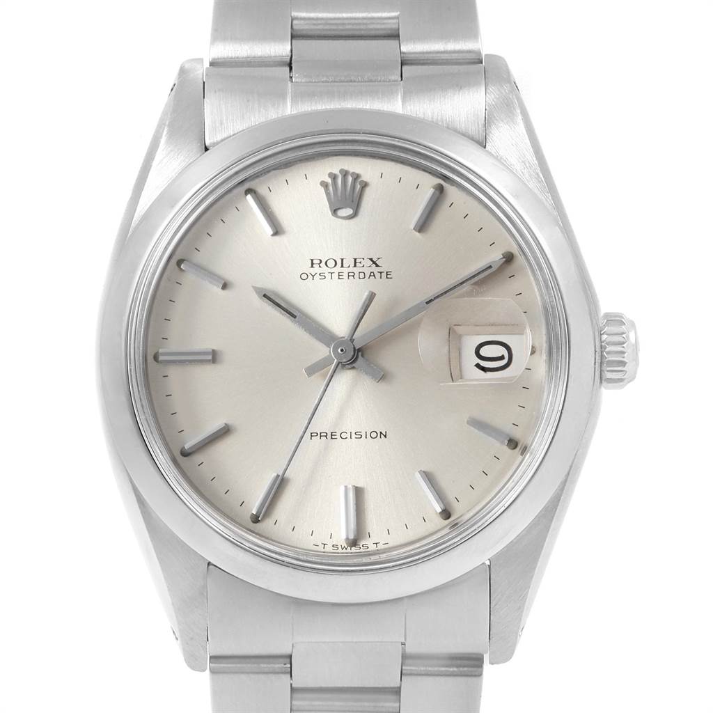 The image shows a Rolex Vintage Collection 6694 Men
s Stainless Steel Silver Dial 6694 Men
s Stainless Steel Silver Dial Oysterdate watch from a top-front view, displaying the dial, bezel, crown, and part of the bracelet.